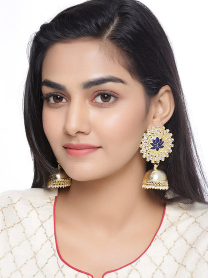 Shoshaa Gold-Polished Navy Blue Kundan-Studded Classic Jhumkas