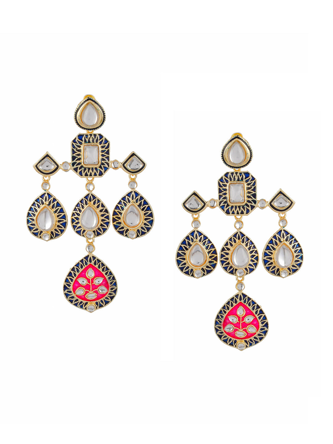 Shoshaa Gold-Polished Balck & Pink Kundan Enamel Drop Earrings