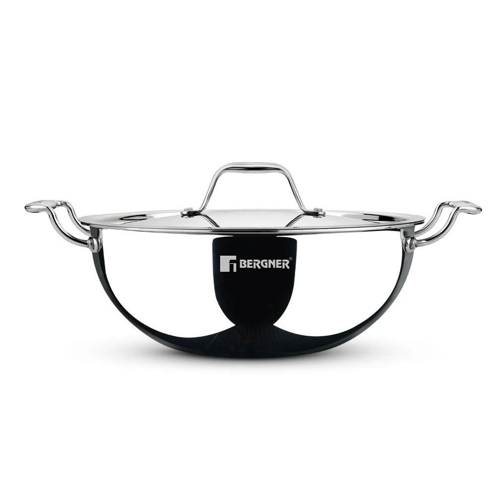 Bergner Argent Tri-Ply Deep Kadai with Lid