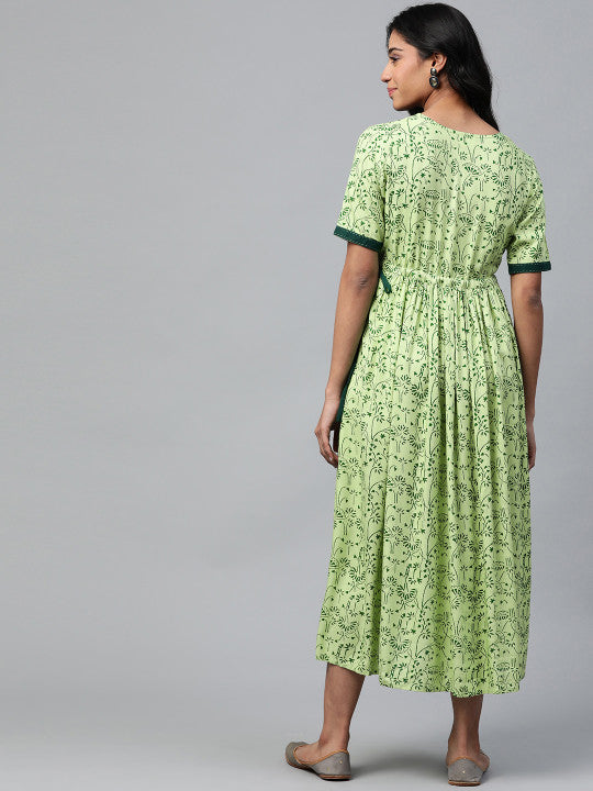 Anayna Women Green Printed A-Line Nursing Dress