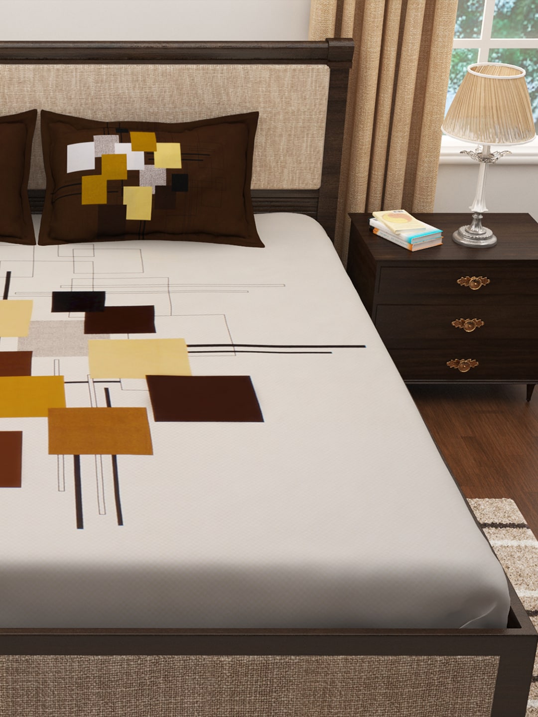 Story@home Cream-Coloured & Brown Abstract 300 TC Cotton 1 King Bedsheet with 2 Pillow Covers