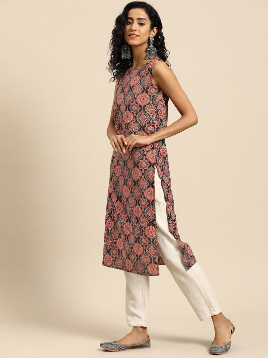 Anayna Women Ethnic Motifs Printed Kantha Work Dobby Kurta