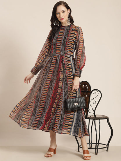Juniper Womens Black Chiffon Printed Dress With Beautiful Belt