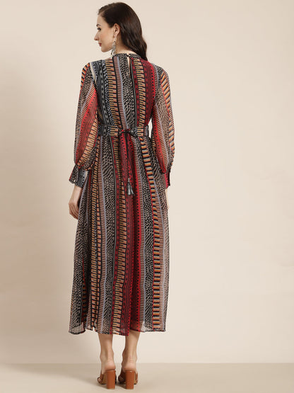 Juniper Womens Black Chiffon Printed Dress With Beautiful Belt