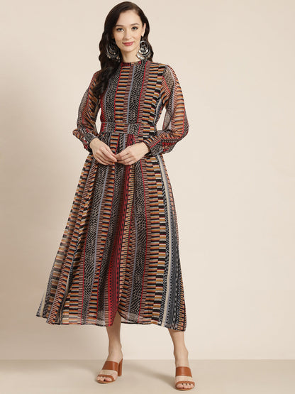 Juniper Womens Black Chiffon Printed Dress With Beautiful Belt