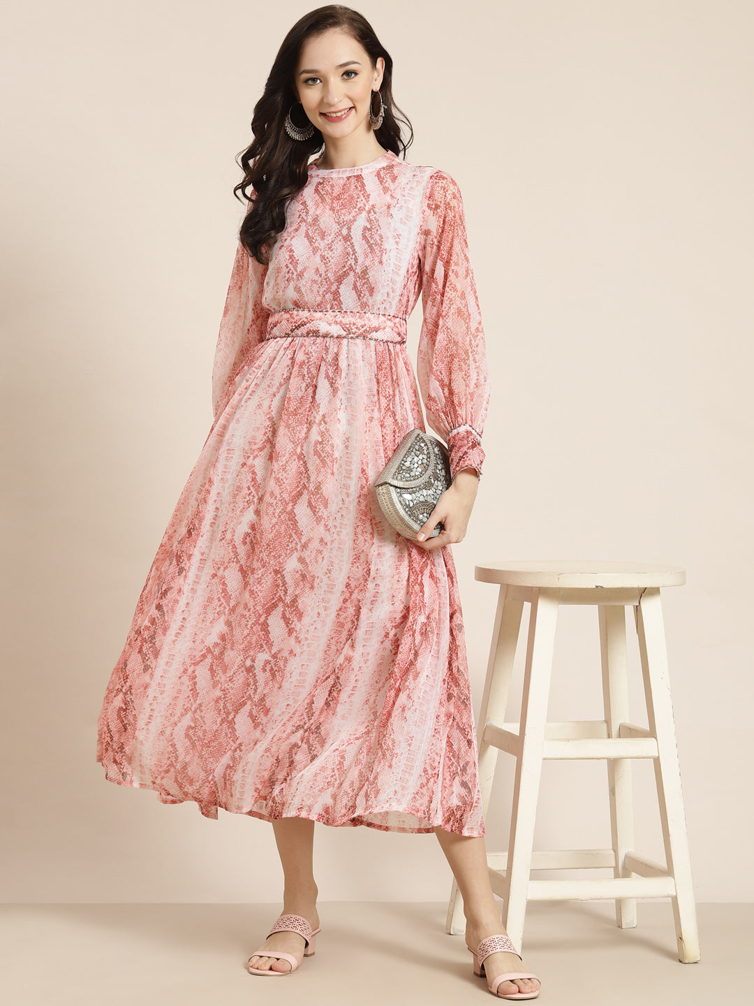 Juniper Womens Peach Chiffon Digital Printed Maxi Dress