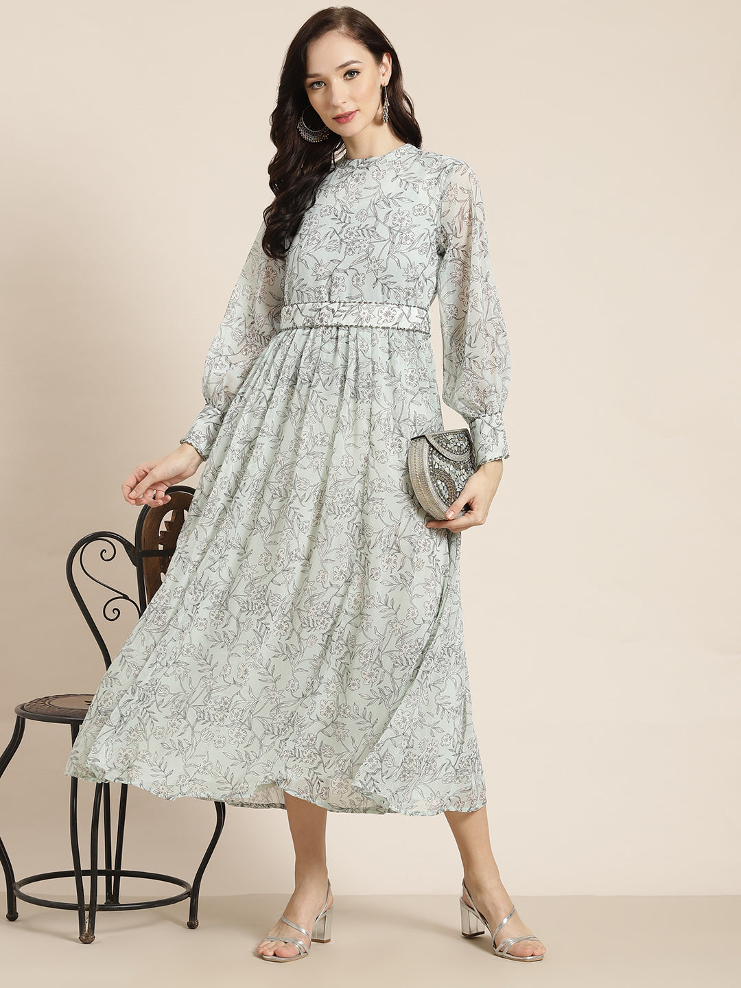 Juniper Womens Sagegreen Chiffon Digital Floral Printed Maxi Dress