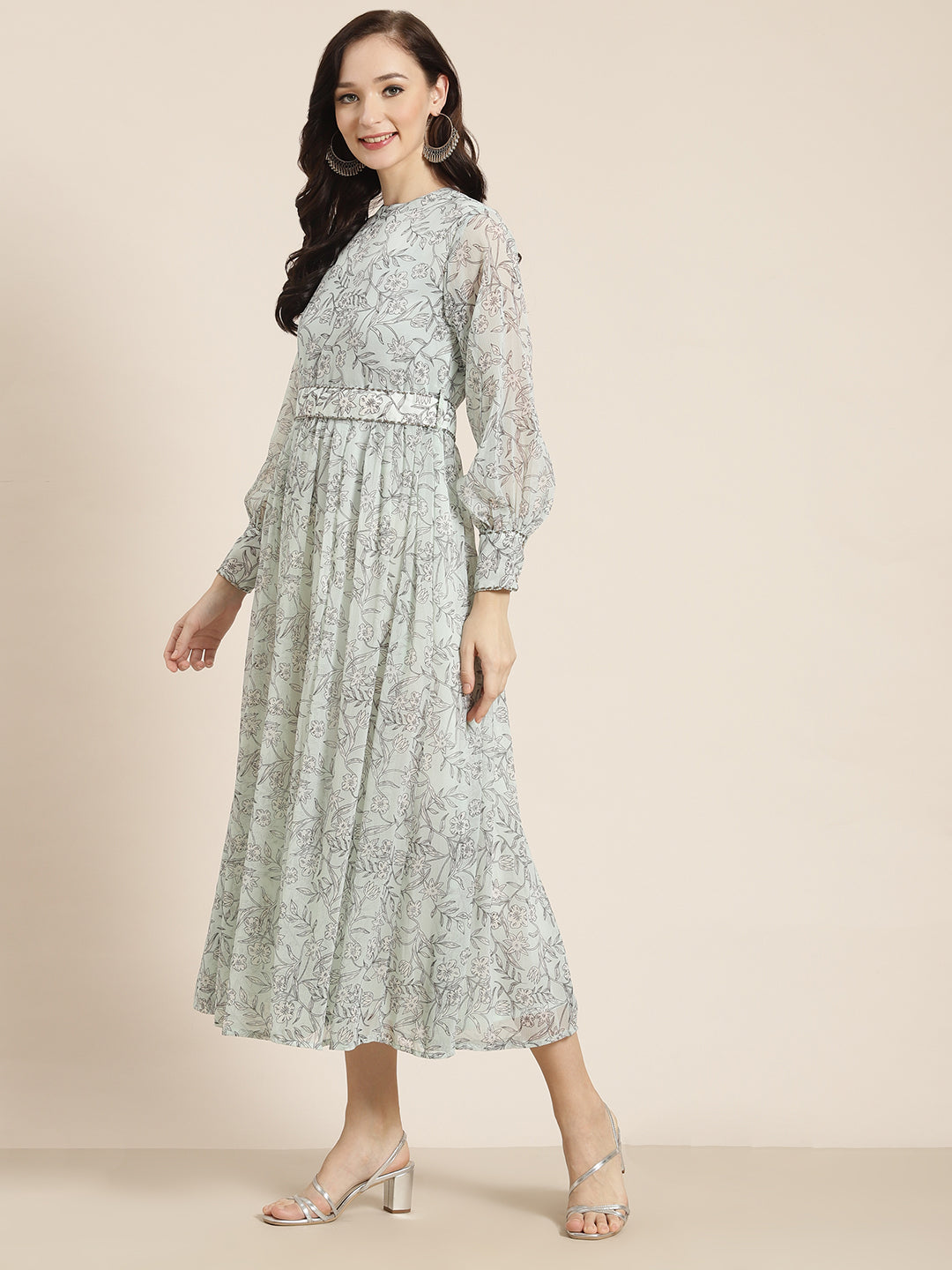Juniper Womens Sagegreen Chiffon Digital Floral Printed Maxi Dress