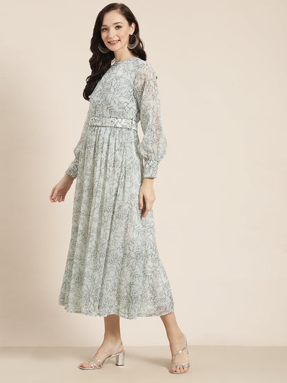 Juniper Womens Sagegreen Chiffon Digital Floral Printed Maxi Dress