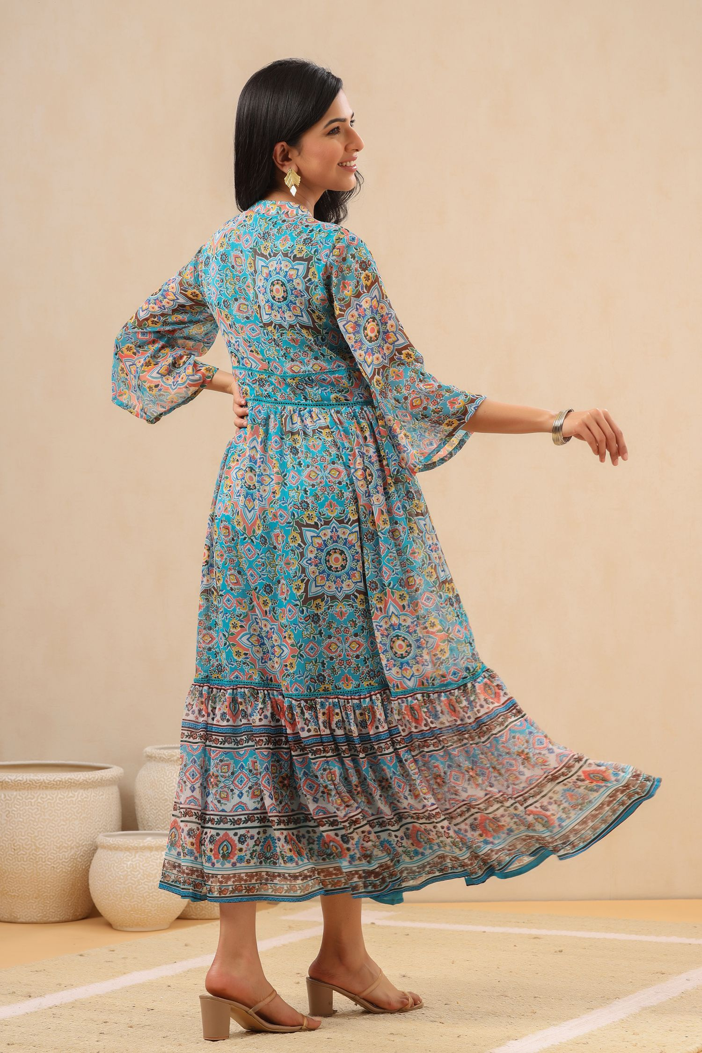 Juniper Womens Aqua Blue Chiffon Digital Printed Tiered Maxi Dress