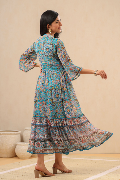 Juniper Womens Aqua Blue Chiffon Digital Printed Tiered Maxi Dress