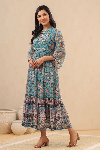 Juniper Womens Aqua Blue Chiffon Digital Printed Tiered Maxi Dress