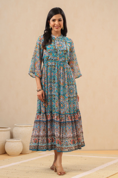 Juniper Womens Aqua Blue Chiffon Digital Printed Tiered Maxi Dress