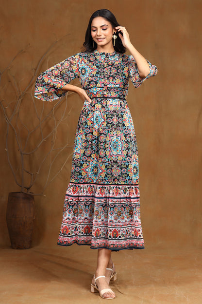 Juniper Women's Black Chiffon Printed Tiered Dress