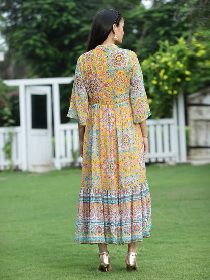 Juniper Womens Mustard Chiffon Digital Printed Tiered Maxi Dress