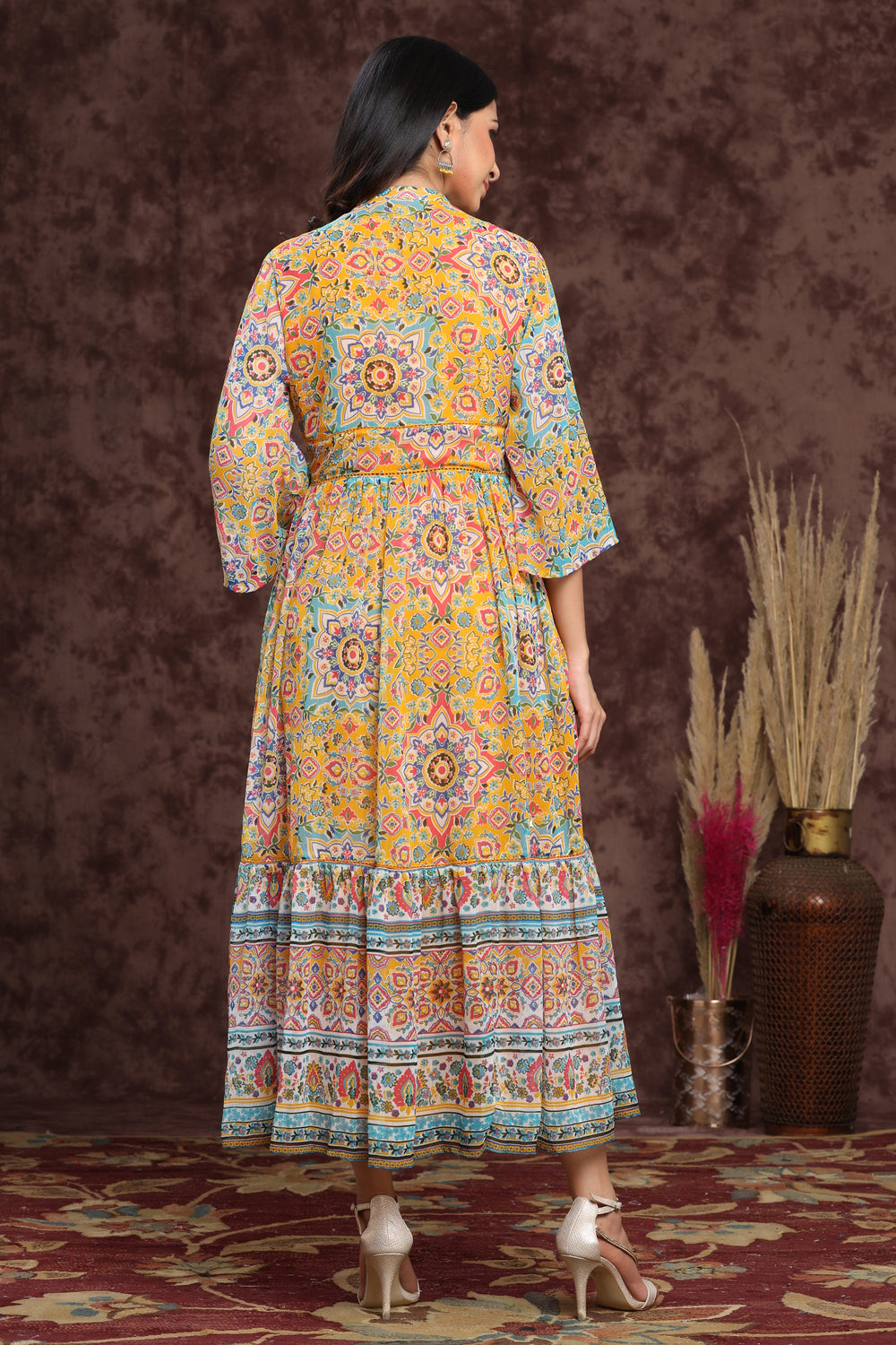 Juniper Women's Mustard Chiffon Printed Tiered Dress