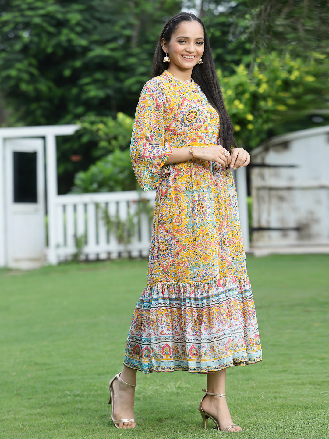 Juniper Womens Mustard Chiffon Digital Printed Tiered Maxi Dress