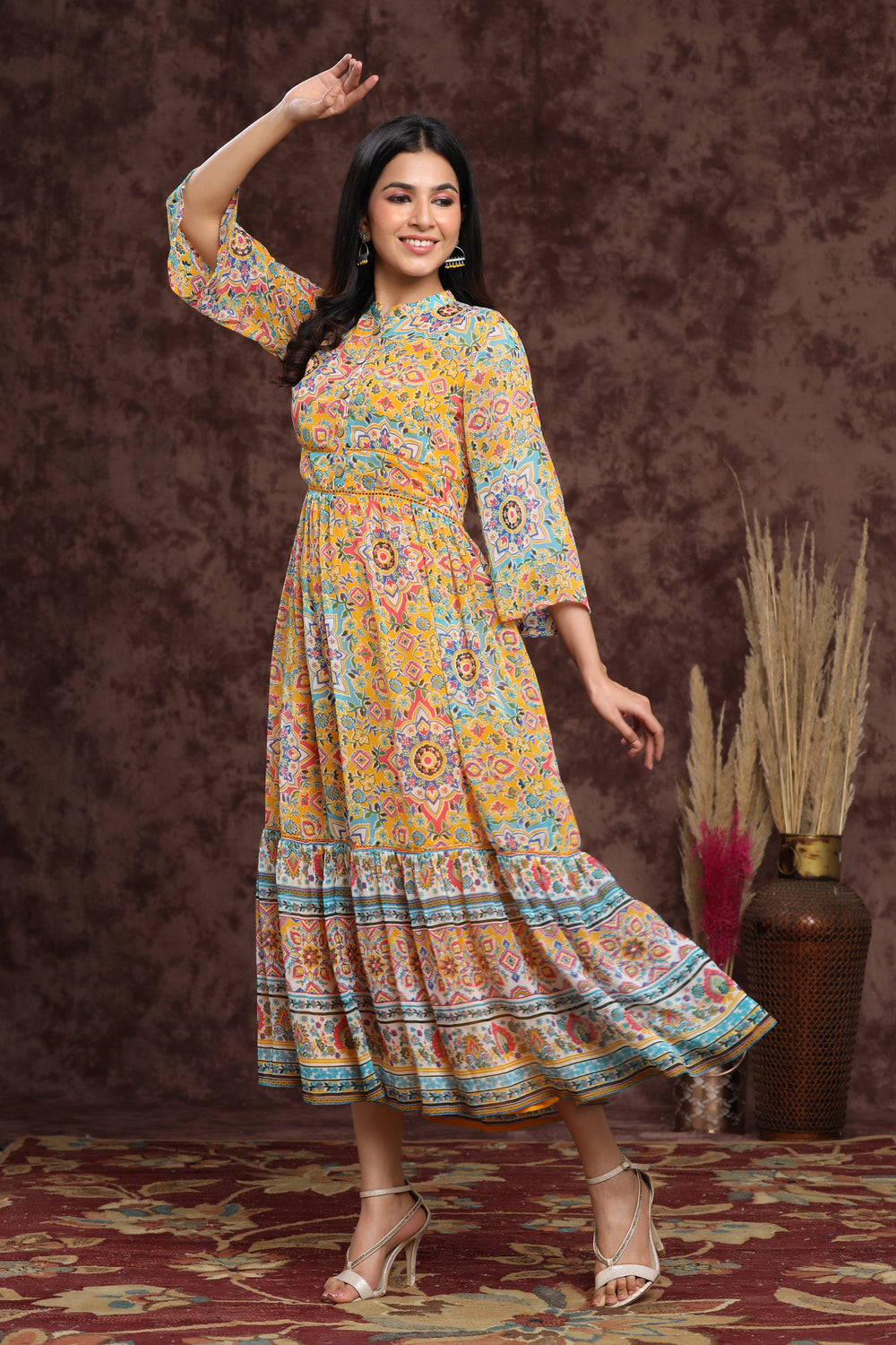 Juniper Women's Mustard Chiffon Printed Tiered Dress