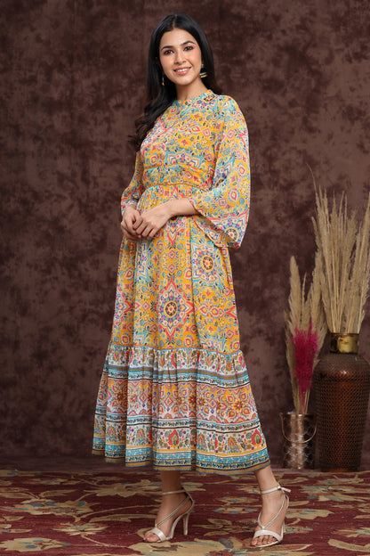 Juniper Women's Mustard Chiffon Printed Tiered Dress