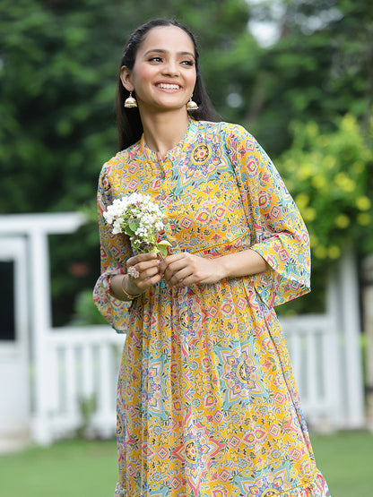 Juniper Womens Mustard Chiffon Digital Printed Tiered Maxi Dress