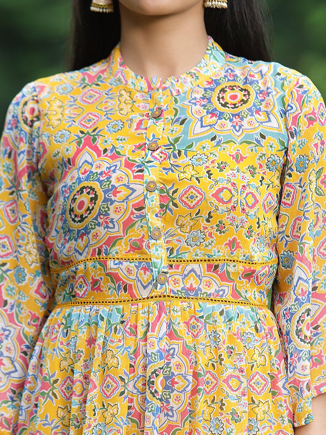 Juniper Womens Mustard Chiffon Digital Printed Tiered Maxi Dress