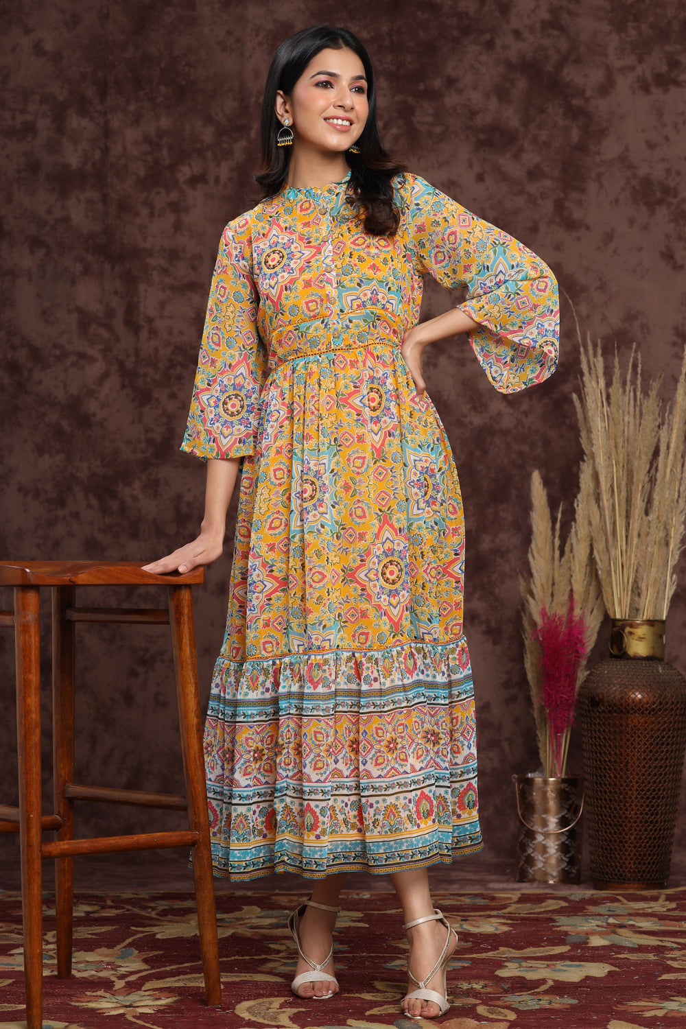 Juniper Women's Mustard Chiffon Printed Tiered Dress