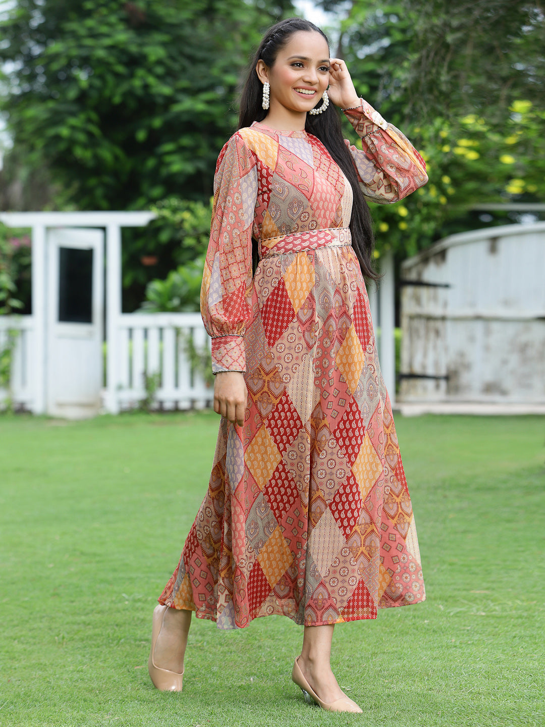 Juniper Womens Maroon Multi Chiffon Digital Printed Maxi Dress