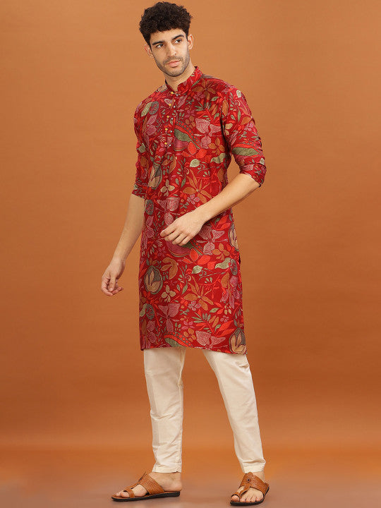 Anouk Mandarin Collar Floral Printed Straight Kurta Red & Green