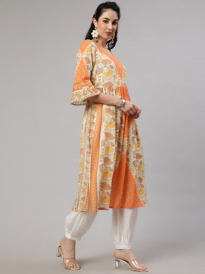Aks Floral Printed V-Neck Bell Sleeves Pleated Cotton Kurta