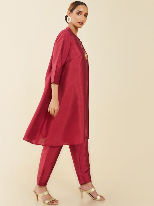 Soch Women Maroon Embellished A Line Kurta with Trousers