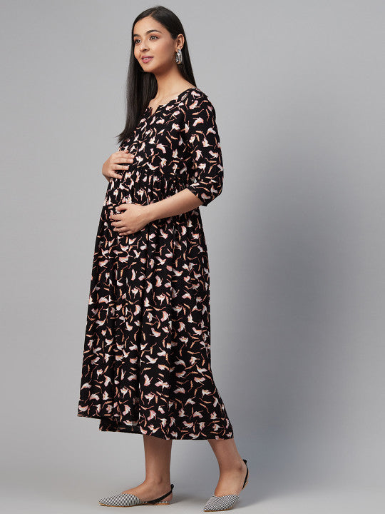 Anayna Women Black & Off-White Printed Maternity A-Line Dress