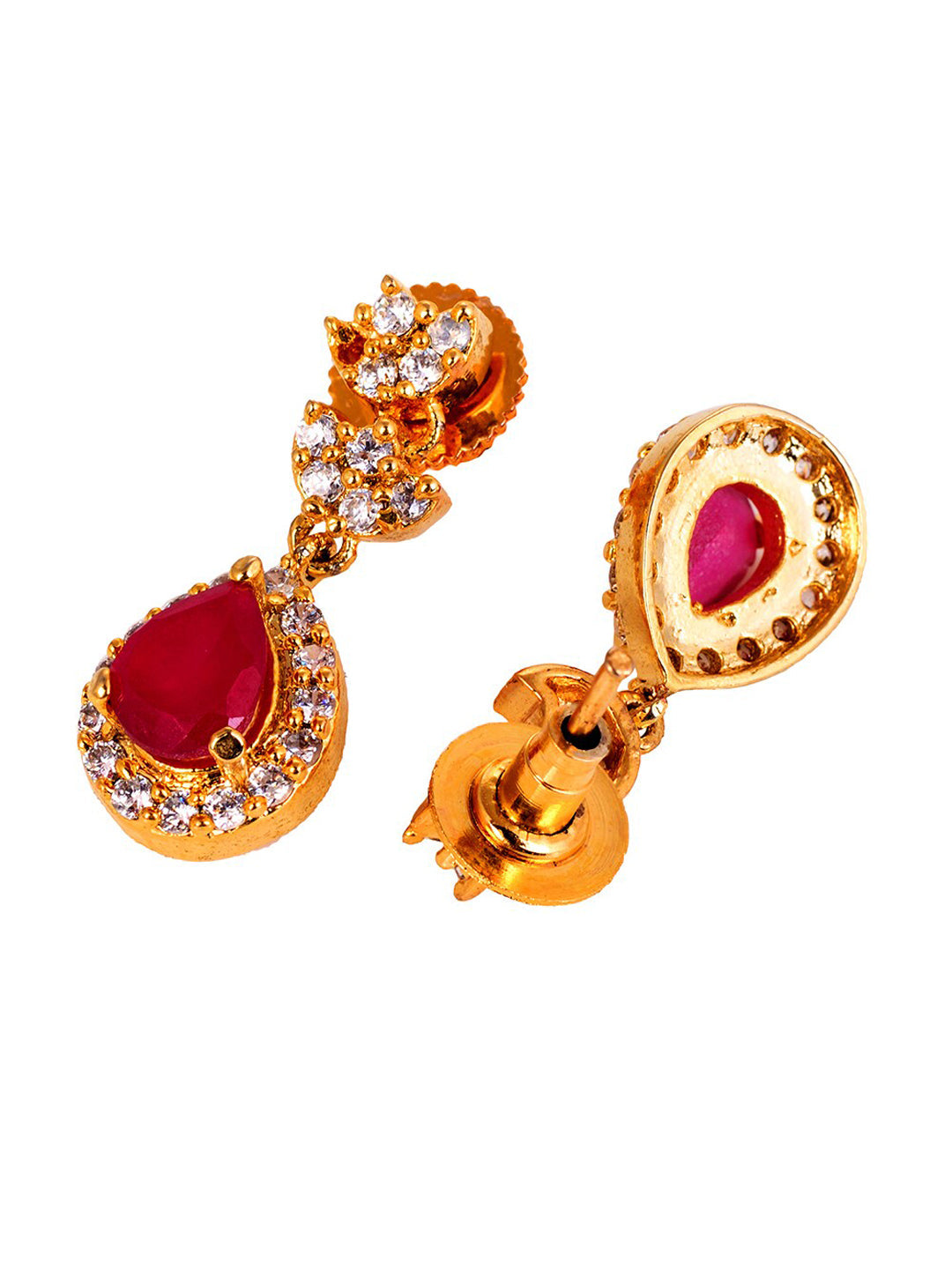 Saraf RS Jewellery Gold-Polished White & Red American Diamond Studded & Beaded Handcrafted Jewellery Set