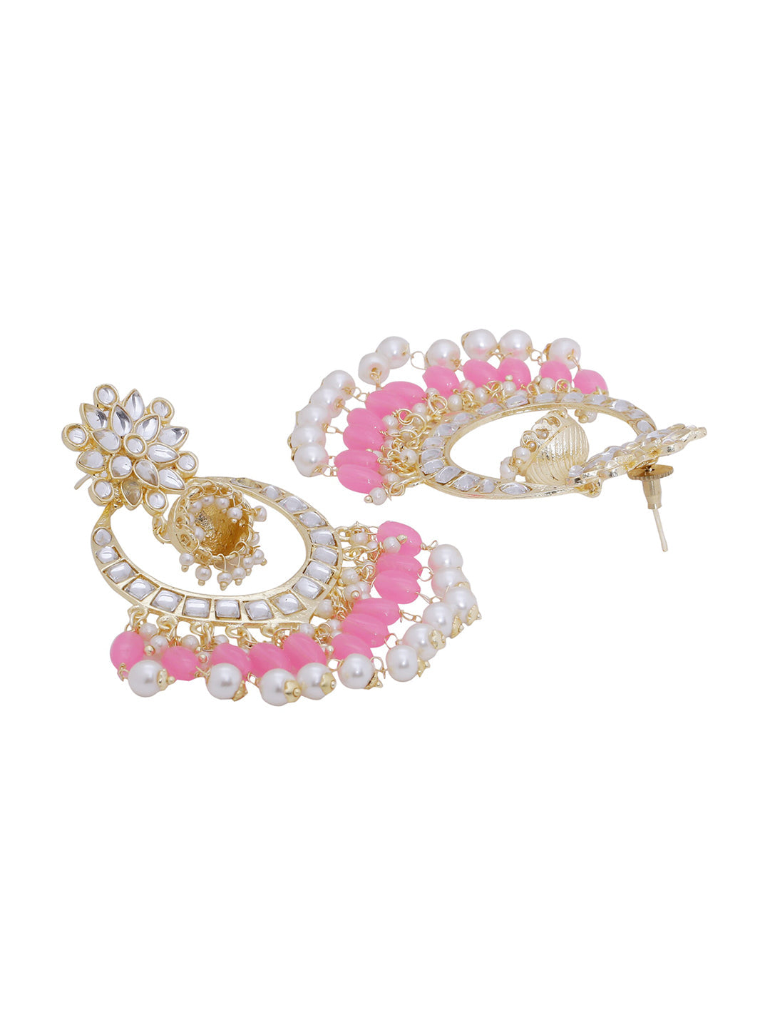 Shoshaa Pink & Gold-Toned Contemporary Kundan Drop Earrings With Pearls