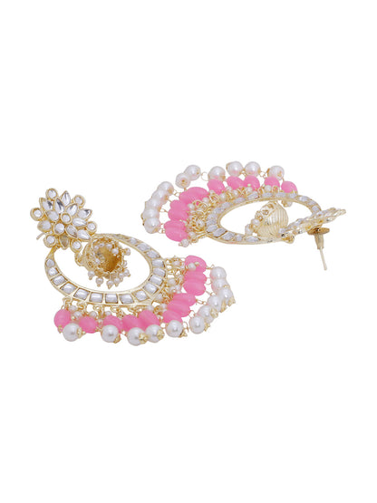 Shoshaa Pink & Gold-Toned Contemporary Kundan Drop Earrings With Pearls