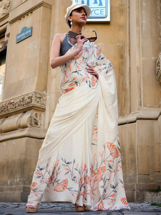 Sangria Floral Printed Satin Saree