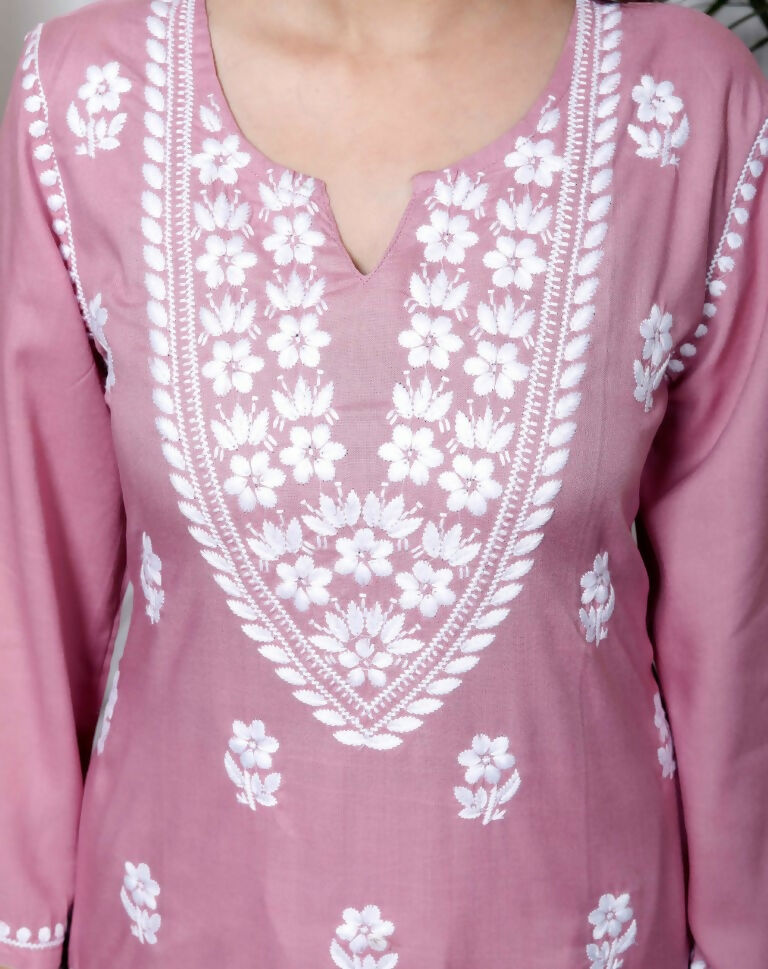 Miravan Women's Chikankari Embroidery Pink Straight Kurta & Palazzo Set