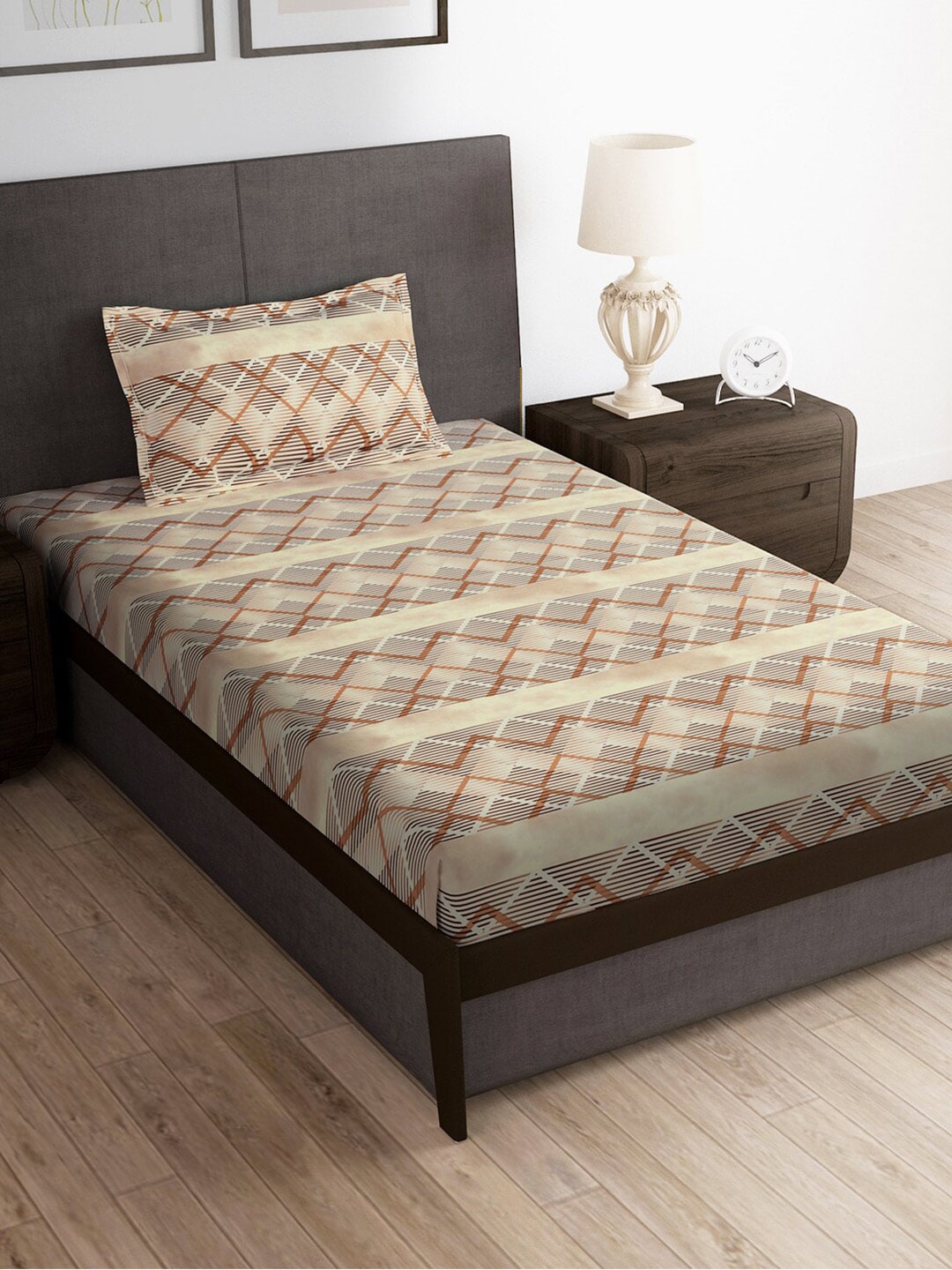 Story@home Brown & White Striped Microfiber 180 TC Bedsheet With Pillow Cover