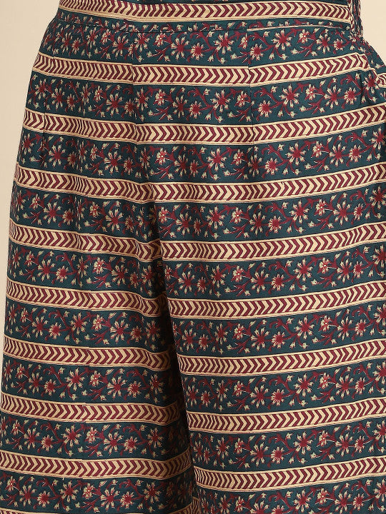 Anayna Women Teal Green Ethnic Motifs Printed Pure Cotton Kurta with Trousers & Dupatta