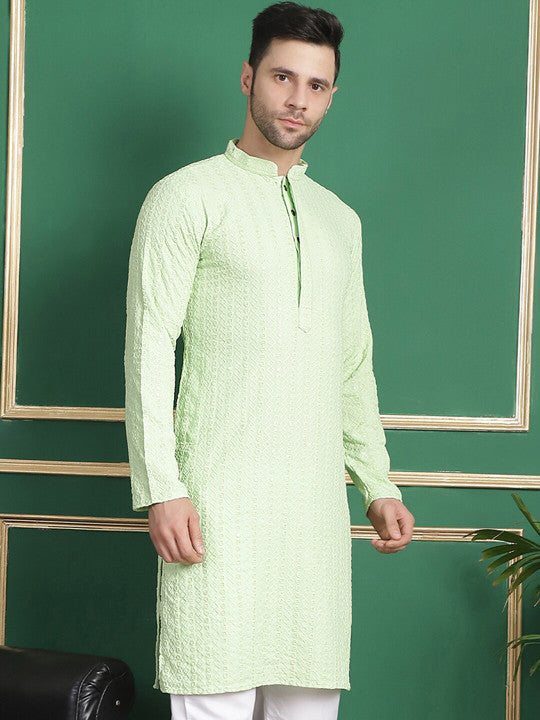 Anouk Checked Mandarin Collar Long Sleeves Thread Work Kurta