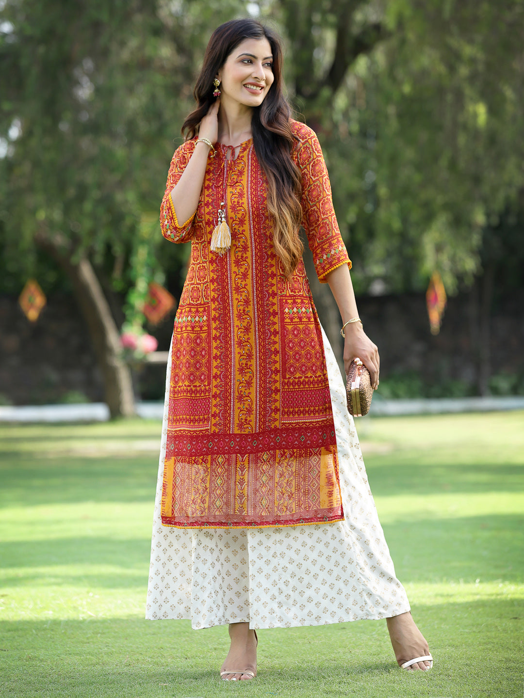 Juniper Womens Mustard Chiffon Printed Straight Kurta