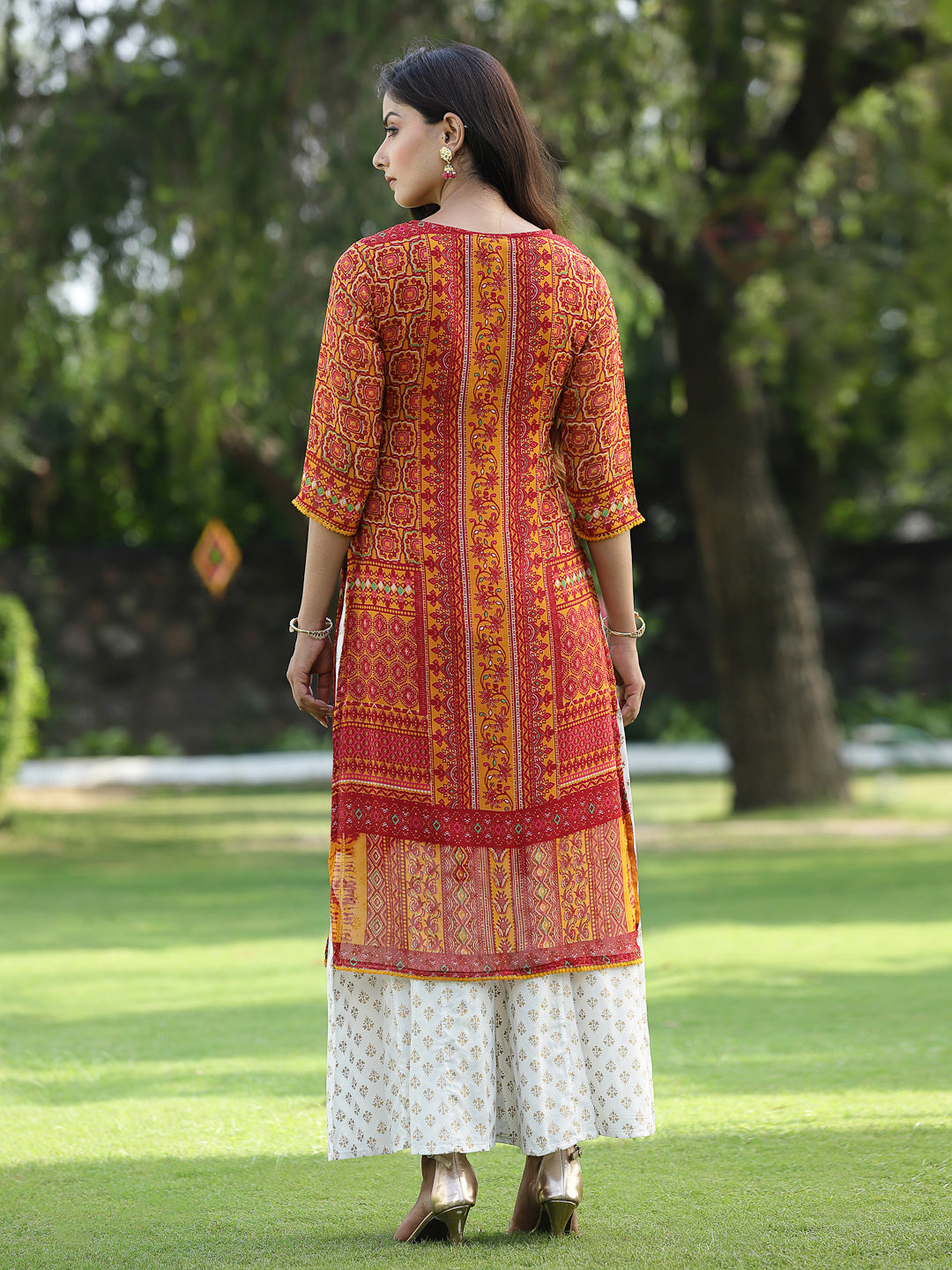 Juniper Womens Mustard Chiffon Printed Straight Kurta