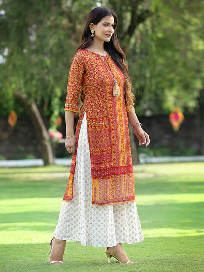 Juniper Womens Mustard Chiffon Printed Straight Kurta