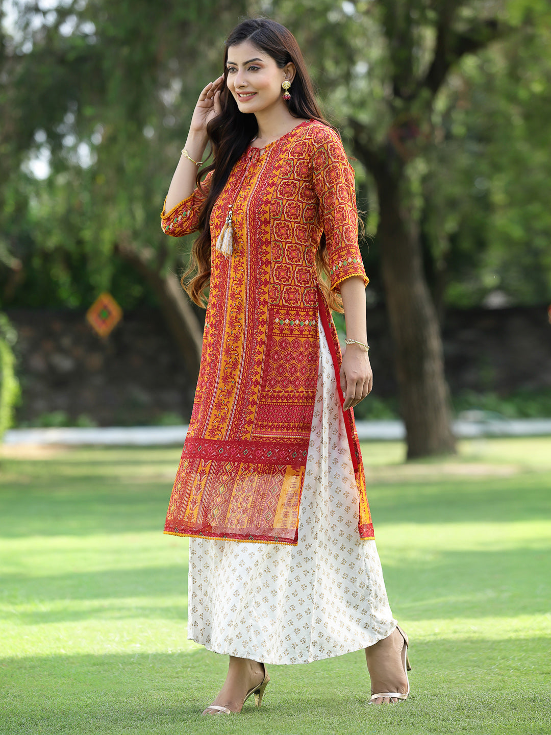 Juniper Womens Mustard Chiffon Printed Straight Kurta