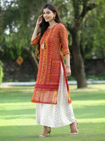 Juniper Womens Mustard Chiffon Printed Straight Kurta