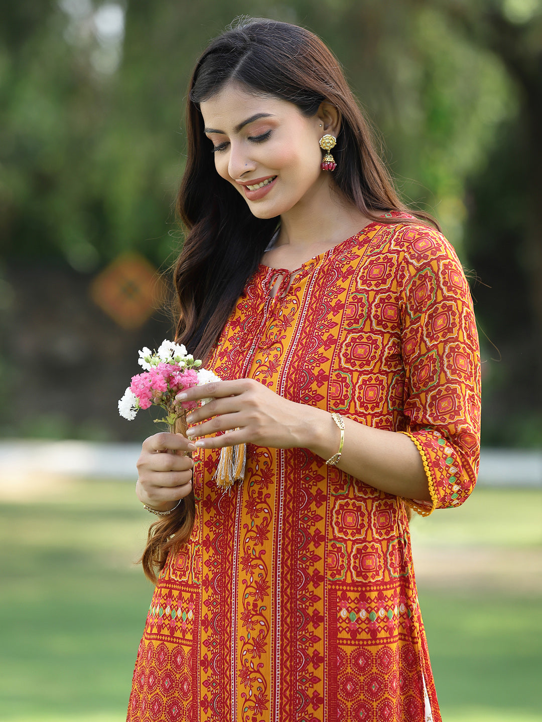 Juniper Womens Mustard Chiffon Printed Straight Kurta