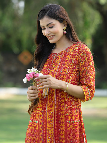 Juniper Womens Mustard Chiffon Printed Straight Kurta