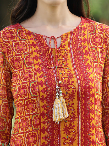 Juniper Womens Mustard Chiffon Printed Straight Kurta