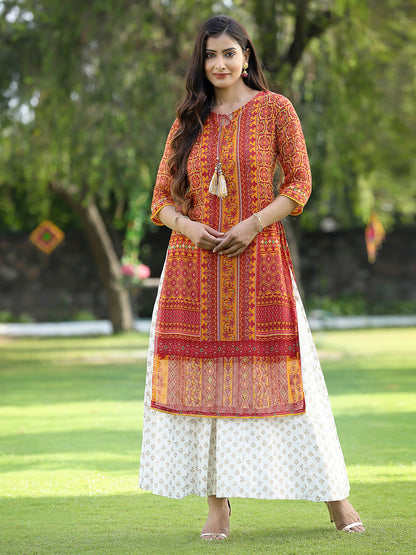 Juniper Womens Mustard Chiffon Printed Straight Kurta