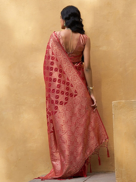 Janasya Red & Gold-Toned Ethnic Motifs Woven Design Zari Organza Kanjeevaram Saree
