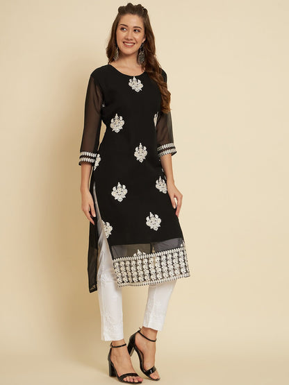 HERE&NOW Black & White Ethnic Motifs Chikankari Embroidered Georgette Kurta